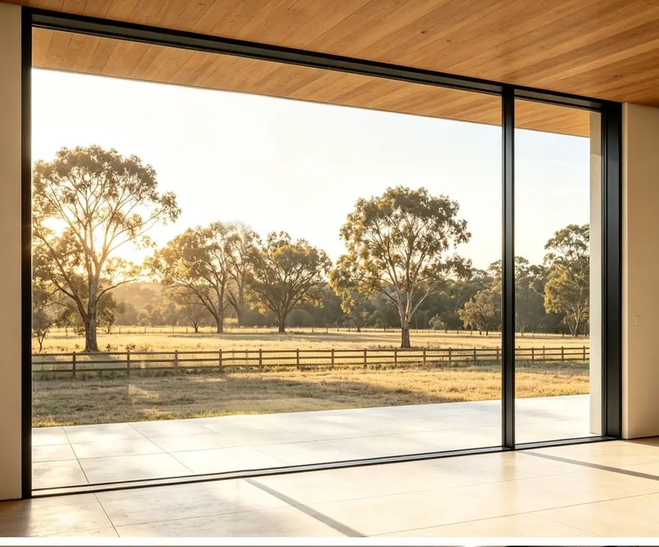 Wide aluminium sliding door opening onto a rural landscape