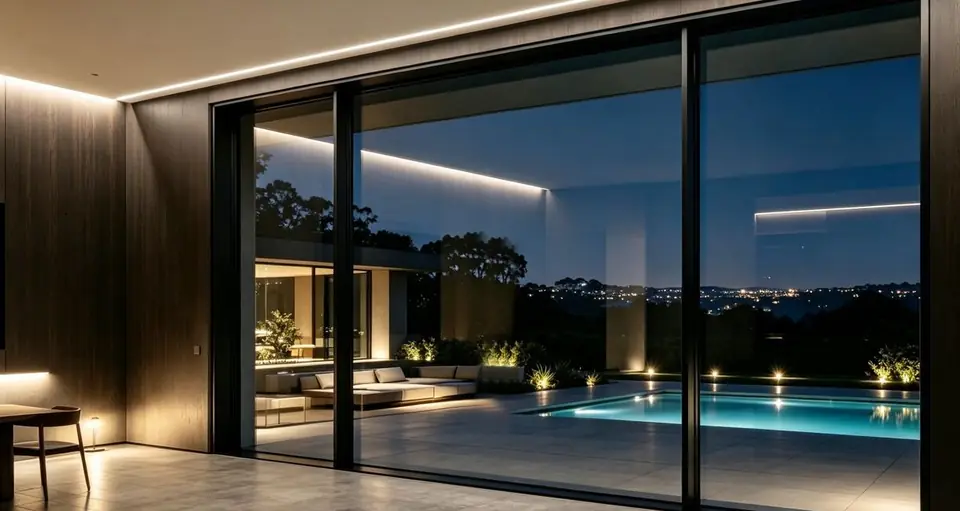 Multi-panel aluminium sliding doors opening to a pool at dusk