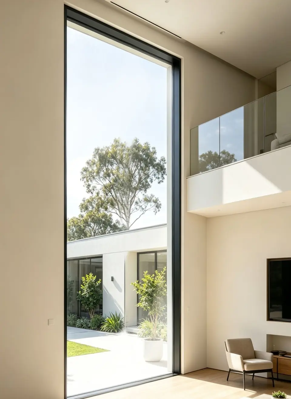 Double-height fixed aluminium window in a bright living room