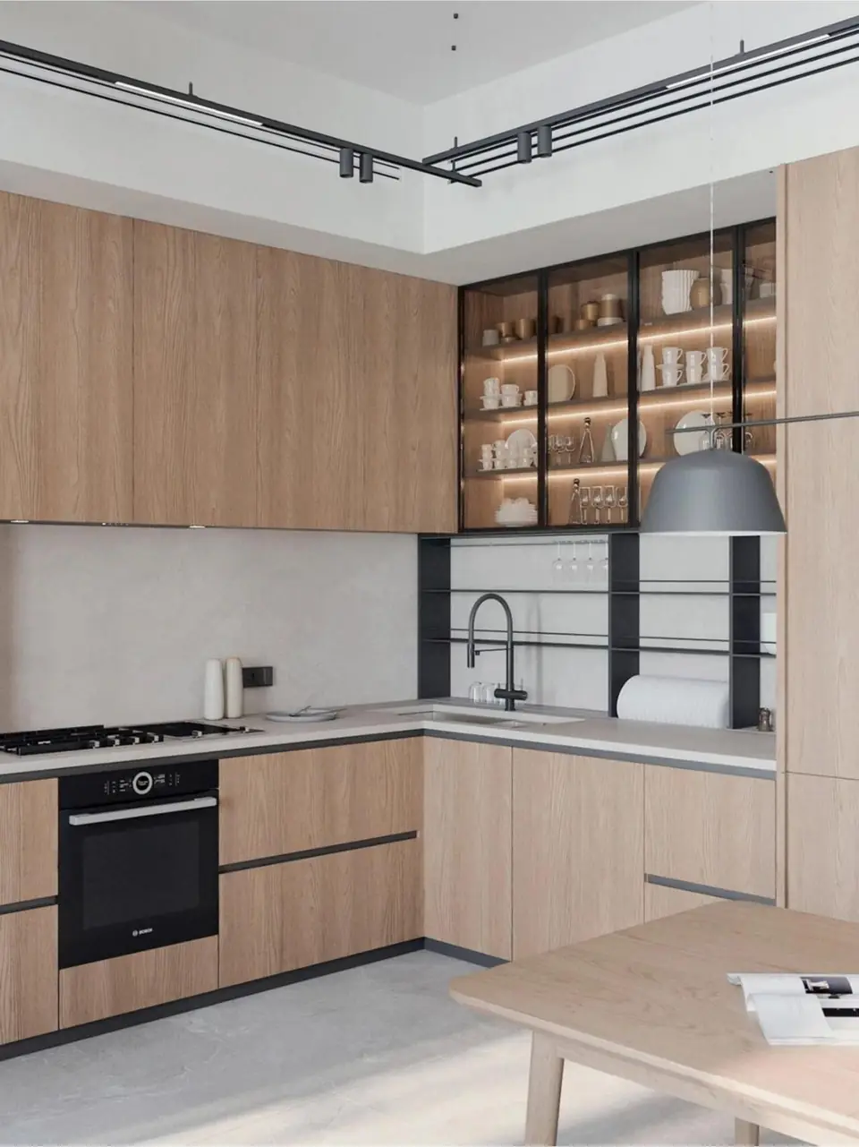 Oak kitchen with black-framed glass display cabinets