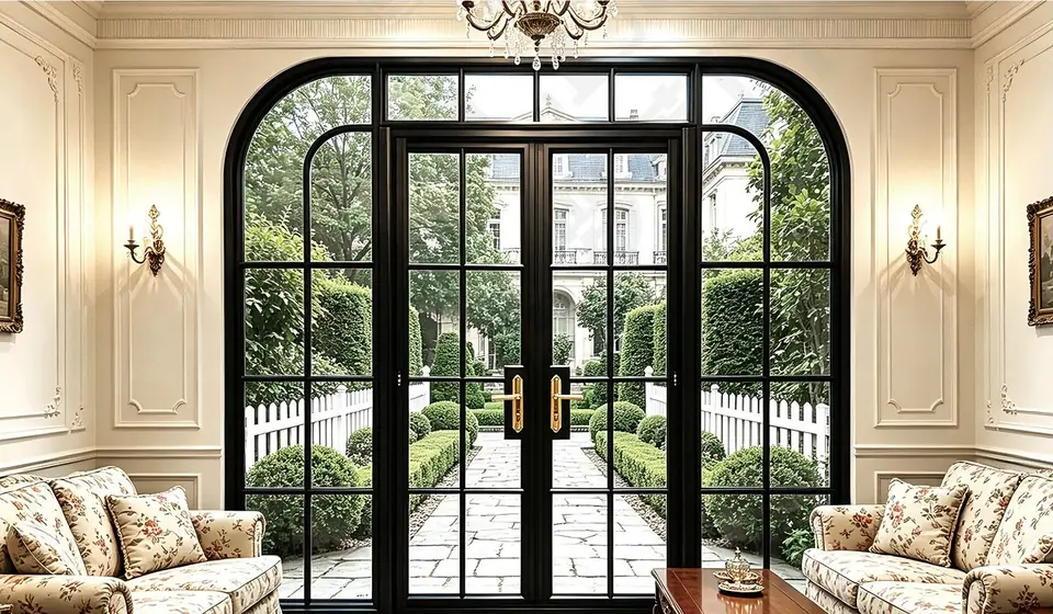 Arched black steel-look French doors opening to a formal garden