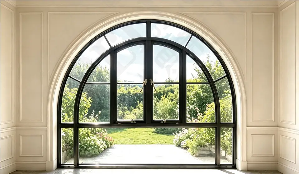 Full-arch French window with fine black glazing bars