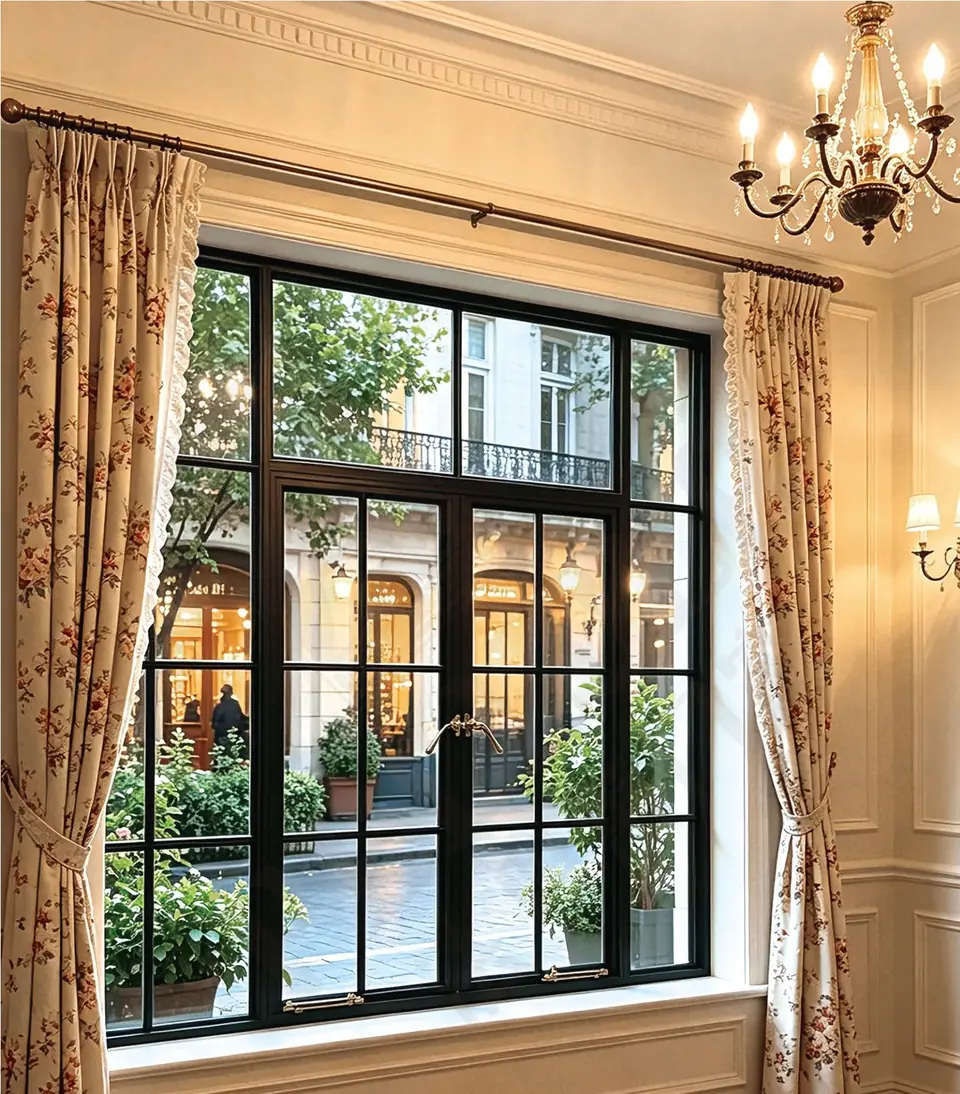 Black French casement window in a period living room