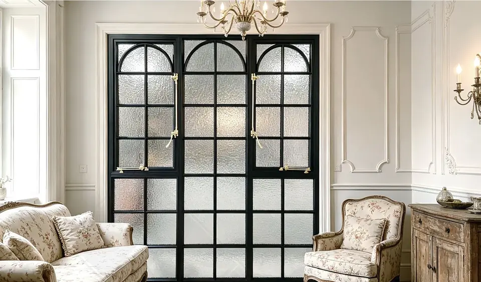 Black French window wall with textured glass and arched transoms