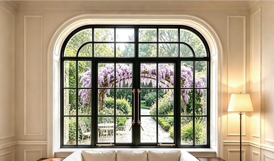 Arched French casement window framing a wisteria garden