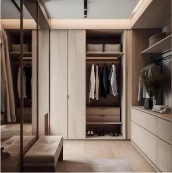 Walk-in wardrobe with open hanging and drawers